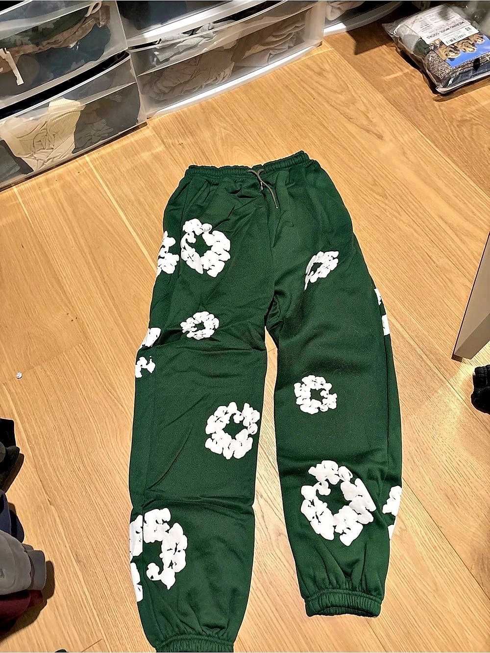African Diaspora Goods Denim Daisies joggers Floral Joggers in Green & White